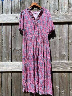 Simply Southern Pink Floral Maxi Dress with Teal Accents